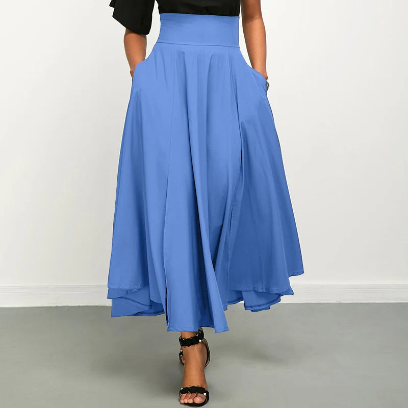

Denim Skirts With Pockets VONDA Summer Women High Waist Long Skirts Fashion Pleated A-line Skirt Faldas De Mujer Streetwears