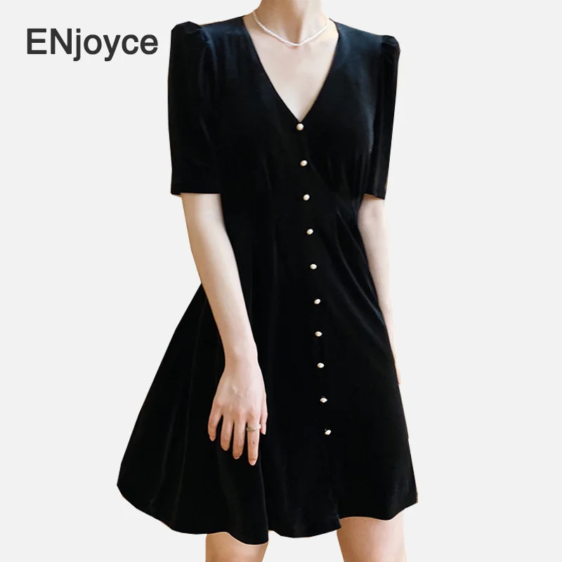 Осеннее винтажное черное бархатное платье с короткими рукавами и золотыми