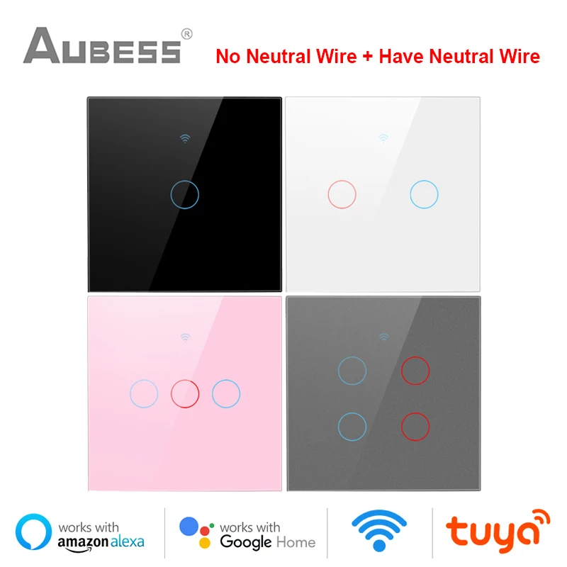 

Tuya WiFi Touch Switch No Neutral Wire Required Smart Home 1/2/3/4 Gang 433RF Remote Switch 220V Works With Alexa Google Home