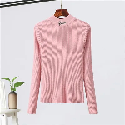 Pink GCAROL/Новинка; женский воротник-стойка с вышивкой; свитер; короткие вязаные топы; сезон осень-зима; эластичный сексуальный джемпер для девочек; трикотаж - Цвет: Pink