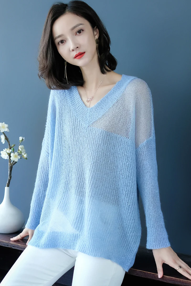 2019 осенний сексуальный полупрозрачный женский свитер с v-образным вырезом Чистый