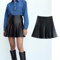 za autumn pu leather folds skirts women 2021 solid velvet sexy high waist bodycon split skirt causal a line mini skirt