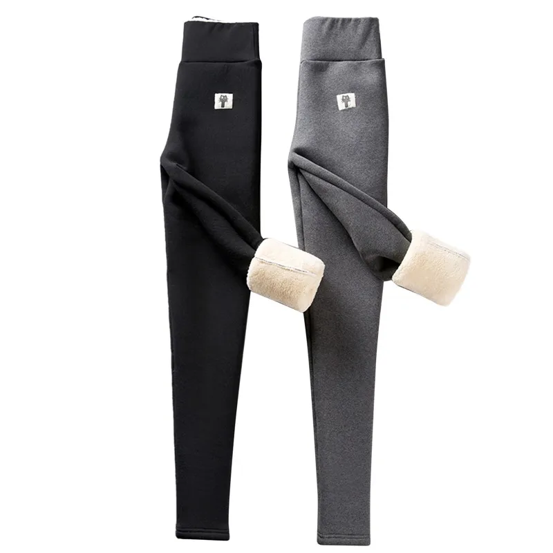 

Women Thickening Plush Trousers Elastic High Waist Solid Color Long Slim Leggings for Winter