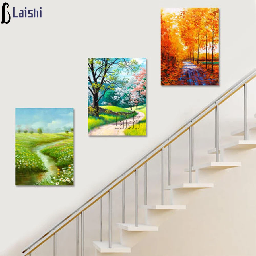 

3pcs full round square diamond embroidery Spring, summer and autumn scenery, staircase decoration diamond painting mosaic icon