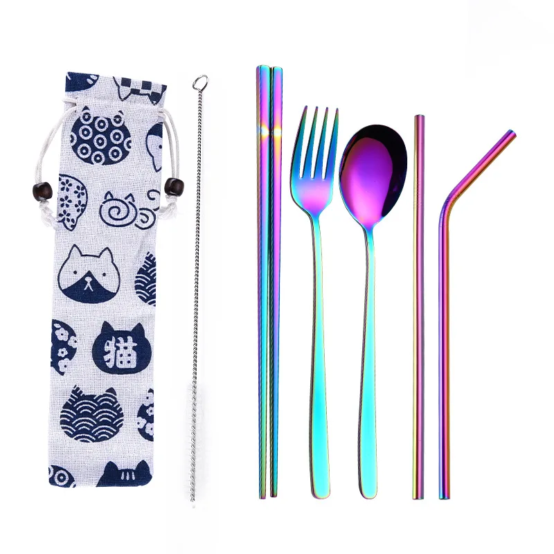 

304 Stainless Tableware Creative Spoon Chopsticks Set with Straw Brush Portable Dinner Set Cutlery Set Kitchen Accessori