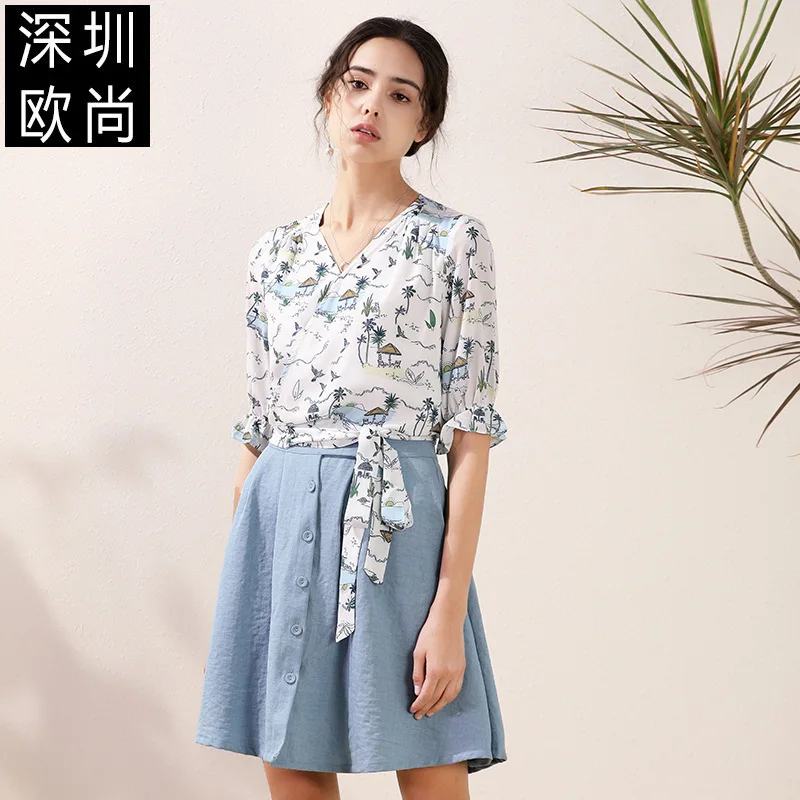 women tops and blouses white scenery chiffon floral high quality 2020 summer office shirts long sleeve casual sexy plus size