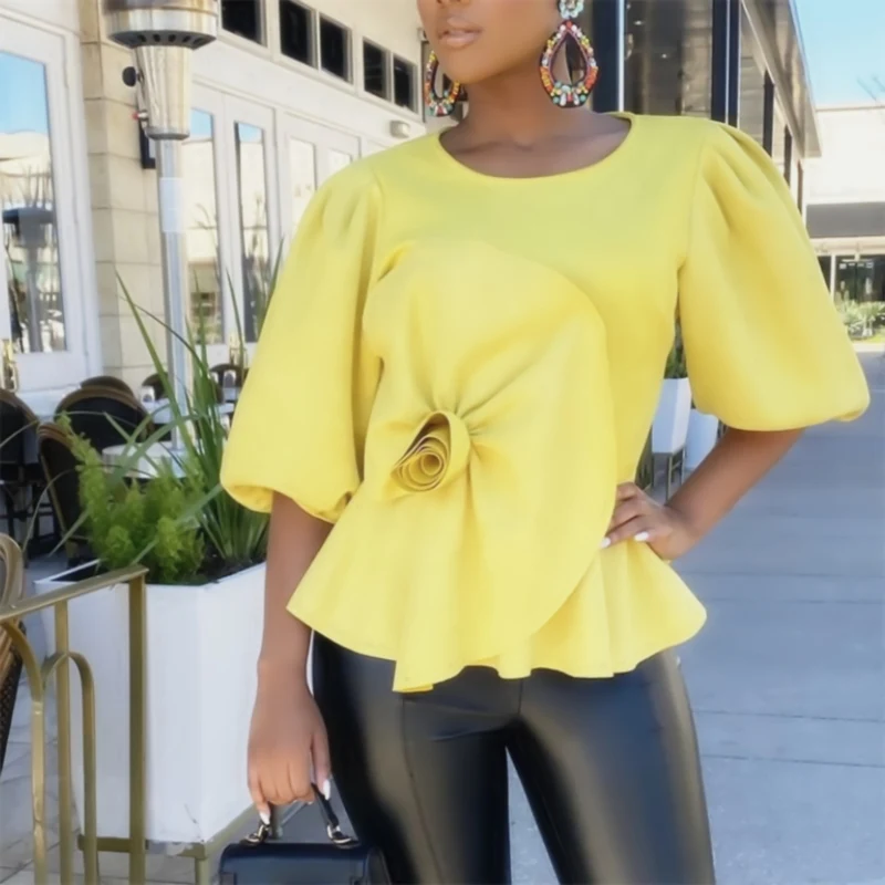 Желтая блузка с круглым вырезом и рукавами фонариками белые топы баской рубашка