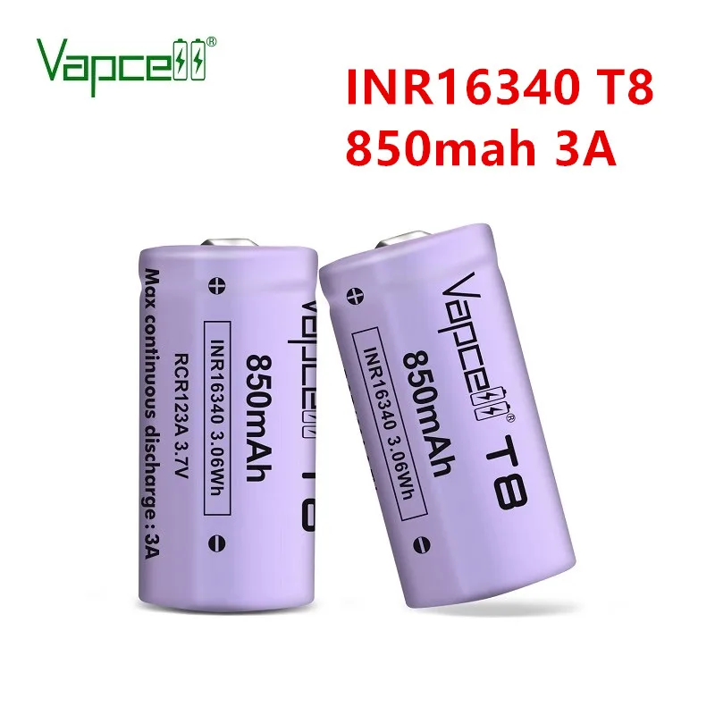 Vapcell Original 16340 850mah 3A T8 3.7V li ion battery rechargeable button top batteries for flashlight power tools HKJ test |