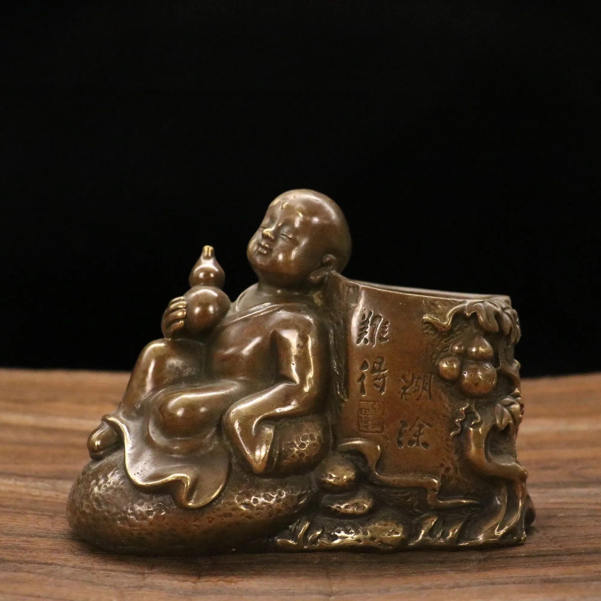 

7"Chinese Folk Collection Old Bronze Little monk Pen holder Little novice monk Amitabha Office Ornaments Town House Exorcism