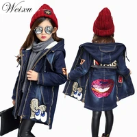 winter denim jackets for girls hooded fleece lined sequined outewear jeans jacket children kids thicken warm long coat clothing