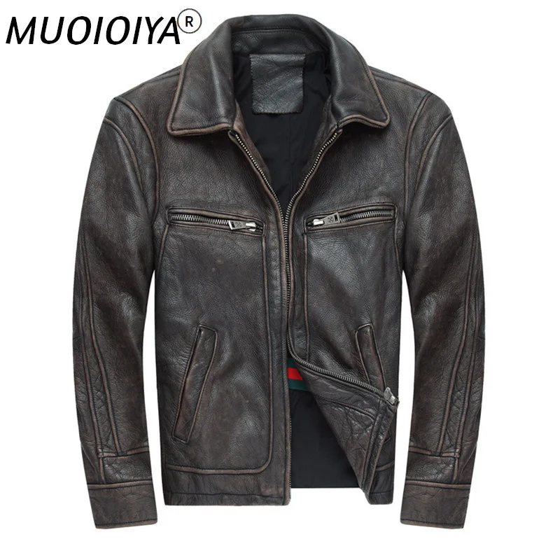 

New Men Retro Vintage Brown Genuine Leather Jacket Fashion Motorcycle Jackets Thick Cowhide Winter Coats