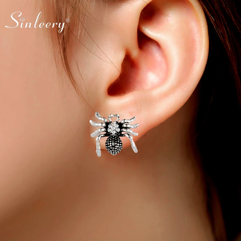 

SINLEERY Vintage Rhinestone Spider Stud Earrings Women Antique Silver Color Animal Jewelry Accessories ZD1 SSC