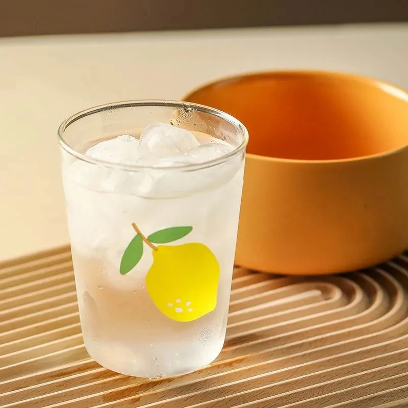 

Cute Glass Water Cup Ins korean Style Cartoon Fruit Pattern Heat Resistant Coffee Cup Transparent Gift Milk Mug Summer Soda Cup