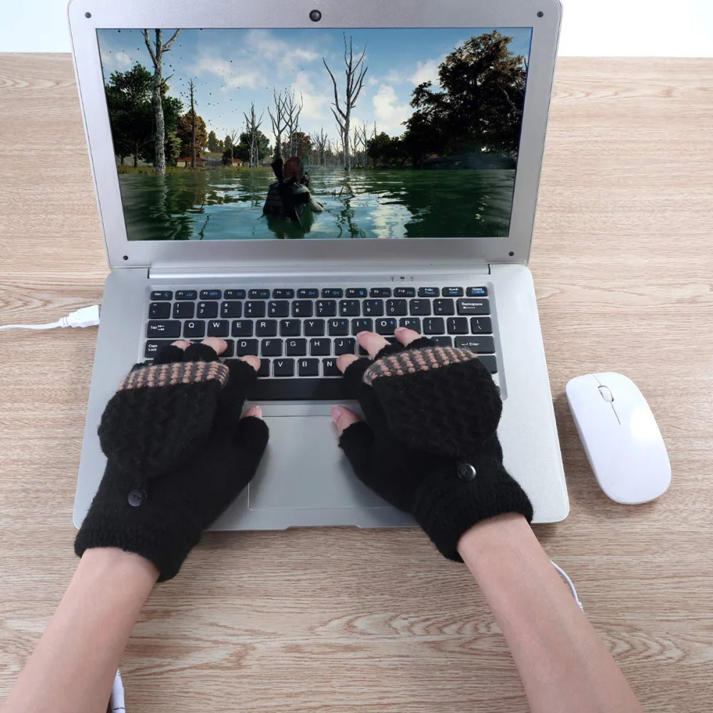 

1 Pair of USB Heated Kids Full and Half Finger Hand Warmer Adorable Mittens Dark Grey