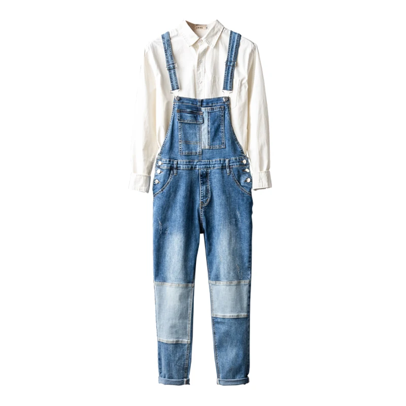 Denim overalls men's Korean style self-cultivation contrast color one-piece suspenders jeans with little feet couple suspenders
