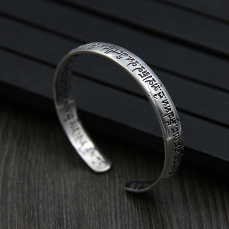 925 Sterling Silver Sanskrit Six-character Word Open Bracelet Fashion Buddhist Text Bracelet Classic Retro Men and Women Models