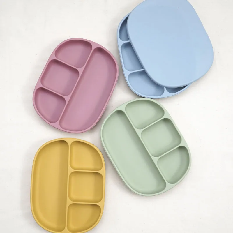 Baby Silicone Dinner Plate With Four Compartments Separated Strong Suction Cup With Silicone Cover Macaron Color Fresh BPA Free