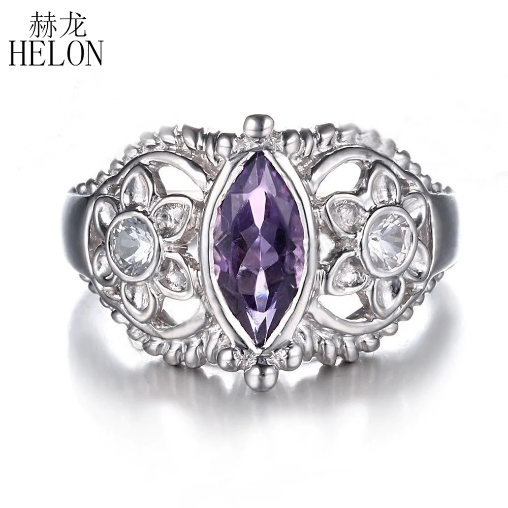 

HELON Solid 14K White Gold Flawless Marquise Cut 10x5mm Natural Amethyst & White Topaz Engagement Wedding Ring Women Jewelry