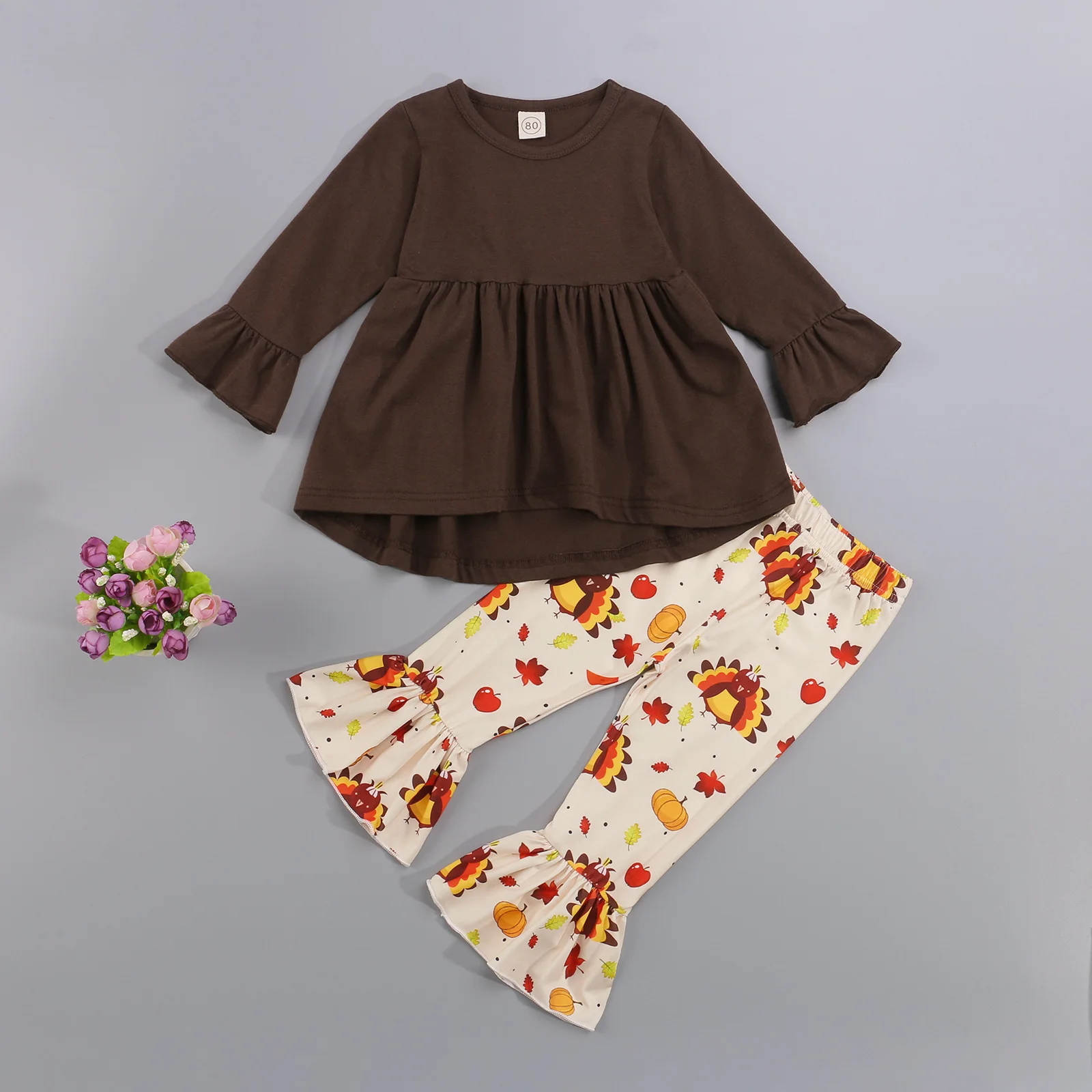 

Toddler Baby Thanksgiving 2pcs Set Long Sleeve T-shirt + Flared Pants Cartoon Pattern Ruffle Decoration Festive Clothing