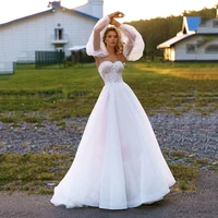 uzn elegant a line wedding dress 2021 sweetheart puffy sleeves beading lace appliques bridal gown custom made bohemian dress