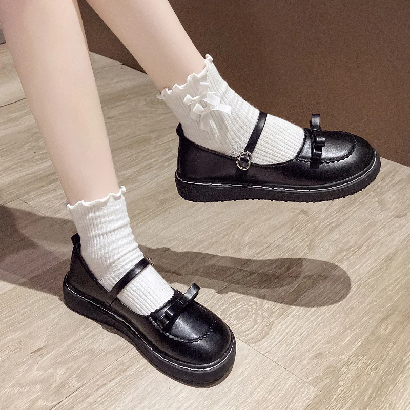 

Lolita Shoes Bow Mary Janes Shoes Platform Women Flats Leather Round Toe Casual Shoes Girls Princess Shoes Black Oxford Autumn