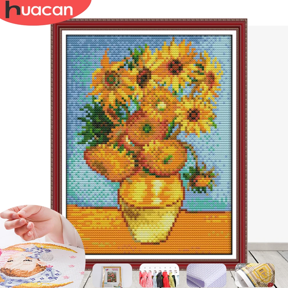 

HUACAN Embroidery Cross Stitch Sunflowers Needlework Sets For Full Kits White Canvas DIY Home Decor 14CT