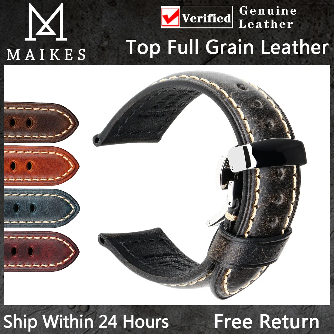

Luxury Italian Full Grain Leather Watch Band Men's Vintage Watch Strap With Butterfly Buckle Smart Watchband For Panerai