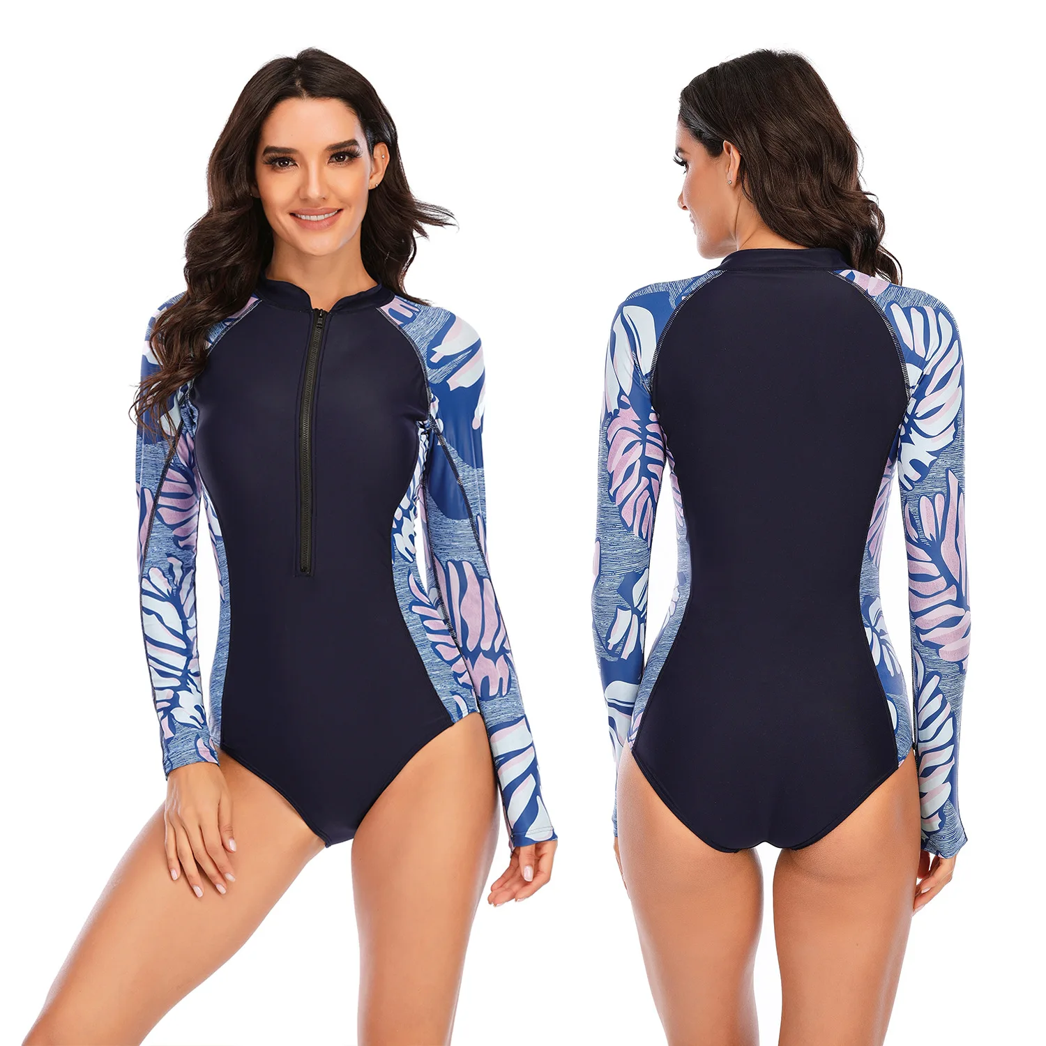 

Print Floral One Piece Swimsuit Women Swimwear Monokini Long Sleeve Printed Zipper Bathing Suit Surfing Bodysuit Swim Wear Beach