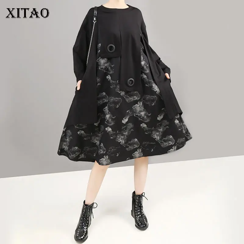 XITAO Tide лоскутное платье с принтом черное необычный круглый оригинальный пуловер