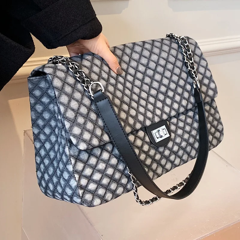 Lingge Embroidery Thread Bag Women Autumn 2021 New Trendy Fashion Denim Large Capacity Shopping Shoulder Bags Chain Diagonal Bag