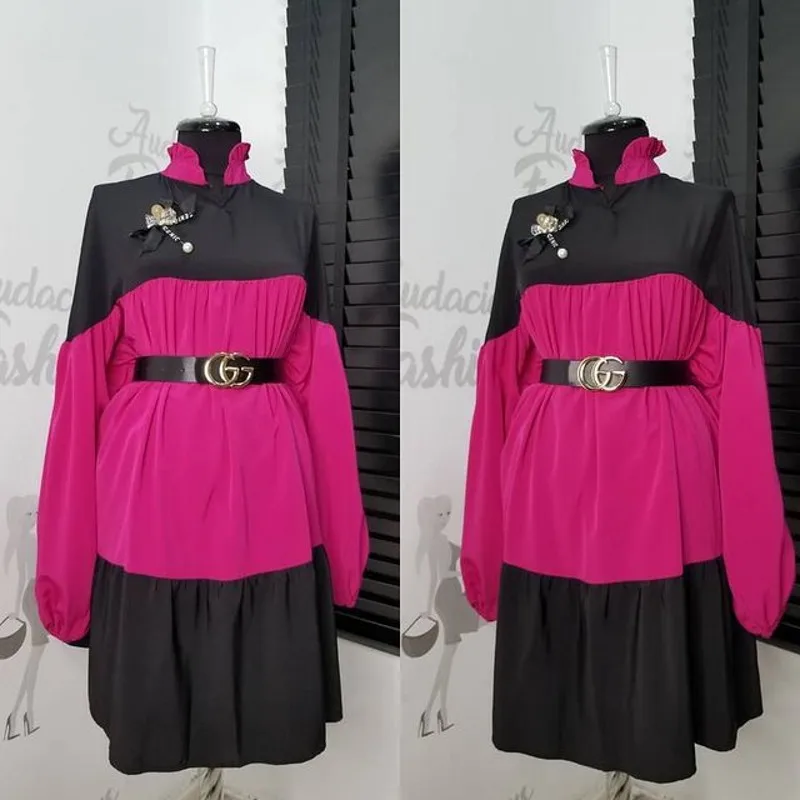 

2021 Hot Casual Contrast Colors Print Women Dress Long Lantern Sleeve Stand Collar Sexy Pleated Lady 's Dresses Spring Summer