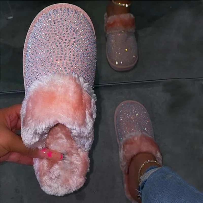 

Hairy Slippers Trend Women 2020 Autumn Winter New Korean Fashion Slipper Rhinestones INS Baotou A Pedal Lazy Shoes