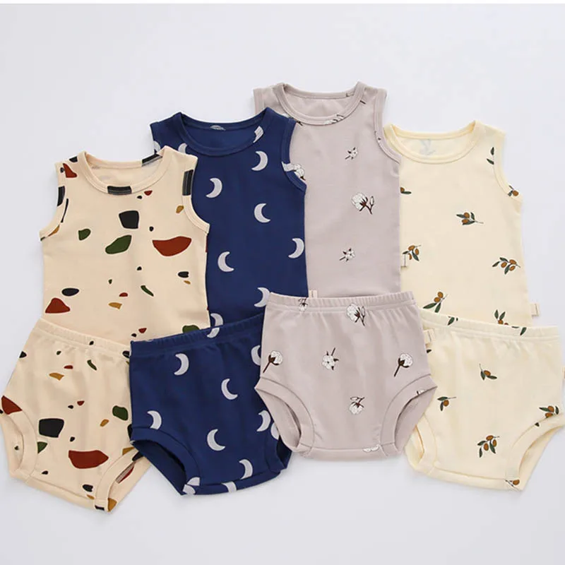 

0-24M Summer Sleeveless Cotton Printing T-shirt+PP Shorts Toddler Baby Boys Girl Clothes Suit Infant Baby Girls Boys Suit