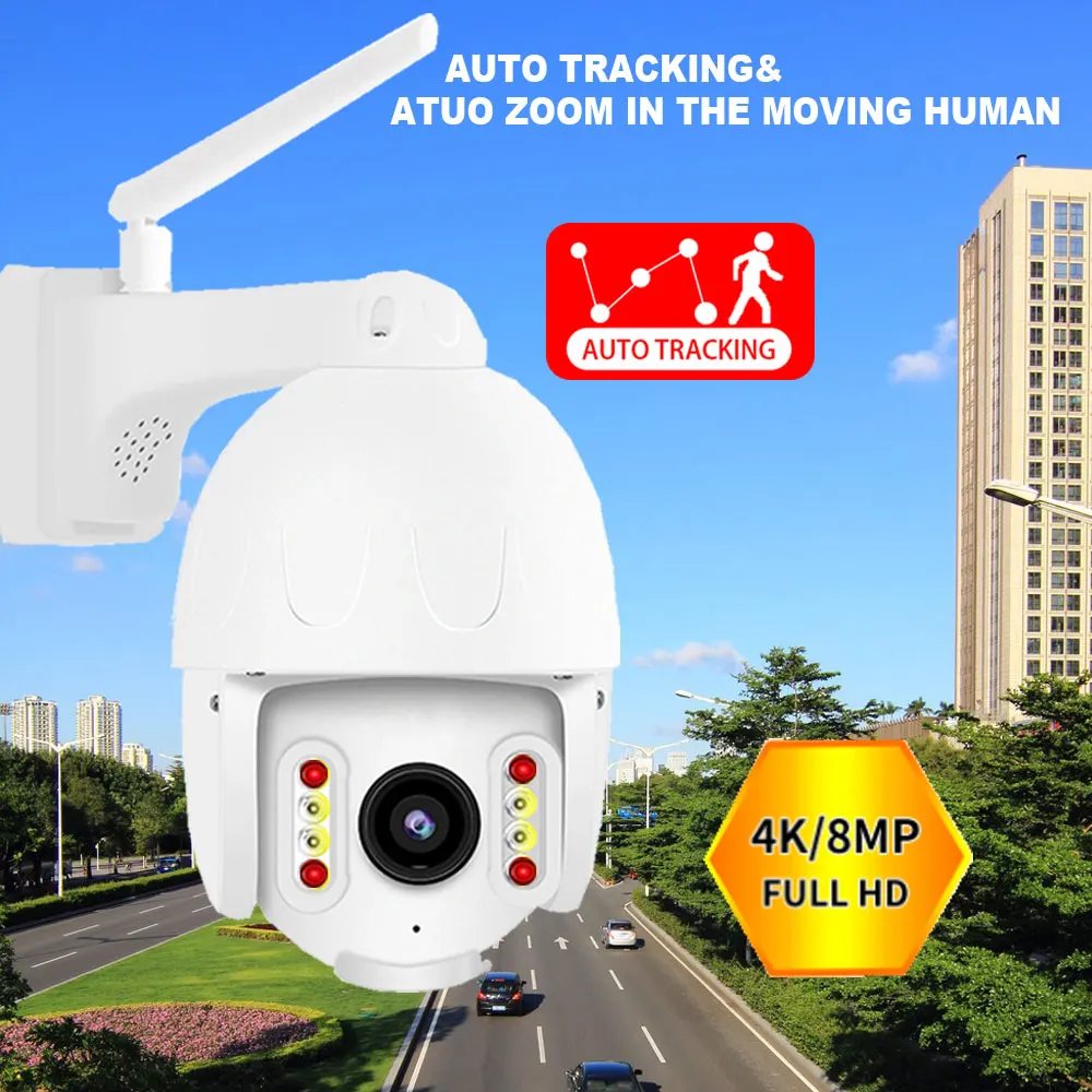 WiFi 8MP 4K HD PTZ IP Camera Outdoor Waterproof Wath Color Night vision Smart Security Auto Motion Tracking Two Way Audio Onvif |