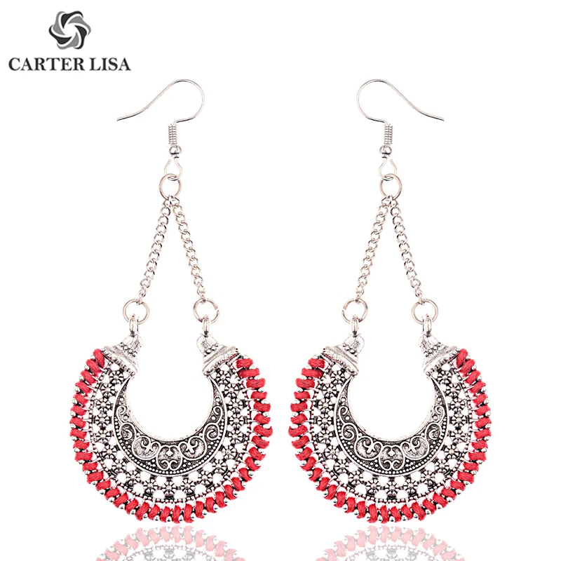 CARTER LISA Antique Silver Indian Bohemian Ethnic Tribal Crescent Ornate Gypsy Vintage Earrings For Women Half Moon Jewelry Gift |