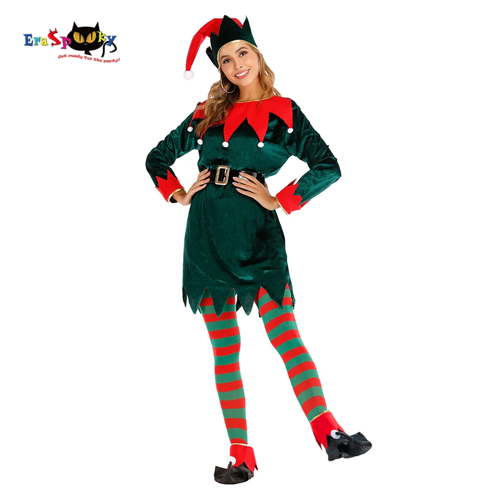 

Eraspooky Deluxe Santa Claus Cosplay Dress Green Christmas Elf Costume For Women Adult Xmas New Year Party Hat Stocking