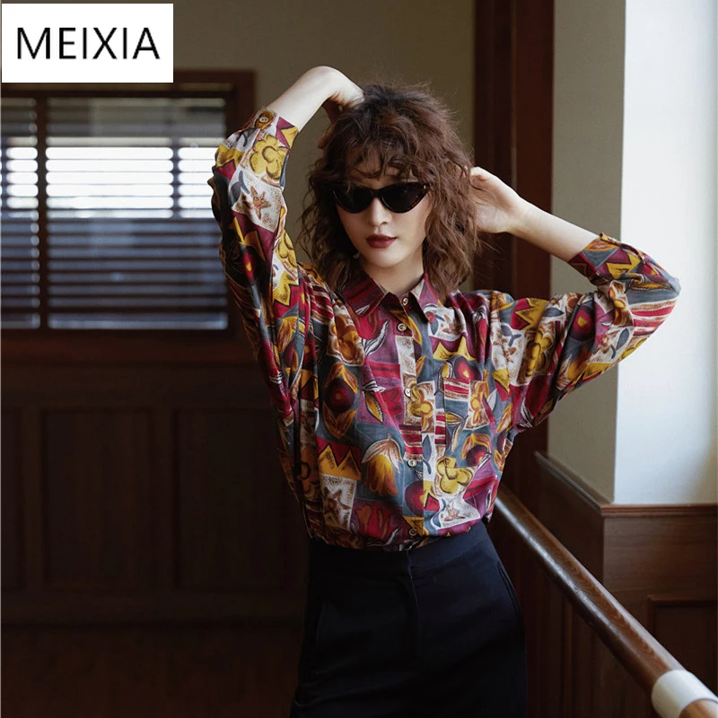 

Women's Shirt Top 2020 Spring New Fashion Trendy Blouse Retro Hong Kong Flavor Print Oil Painting Turn-down Collar Shirt