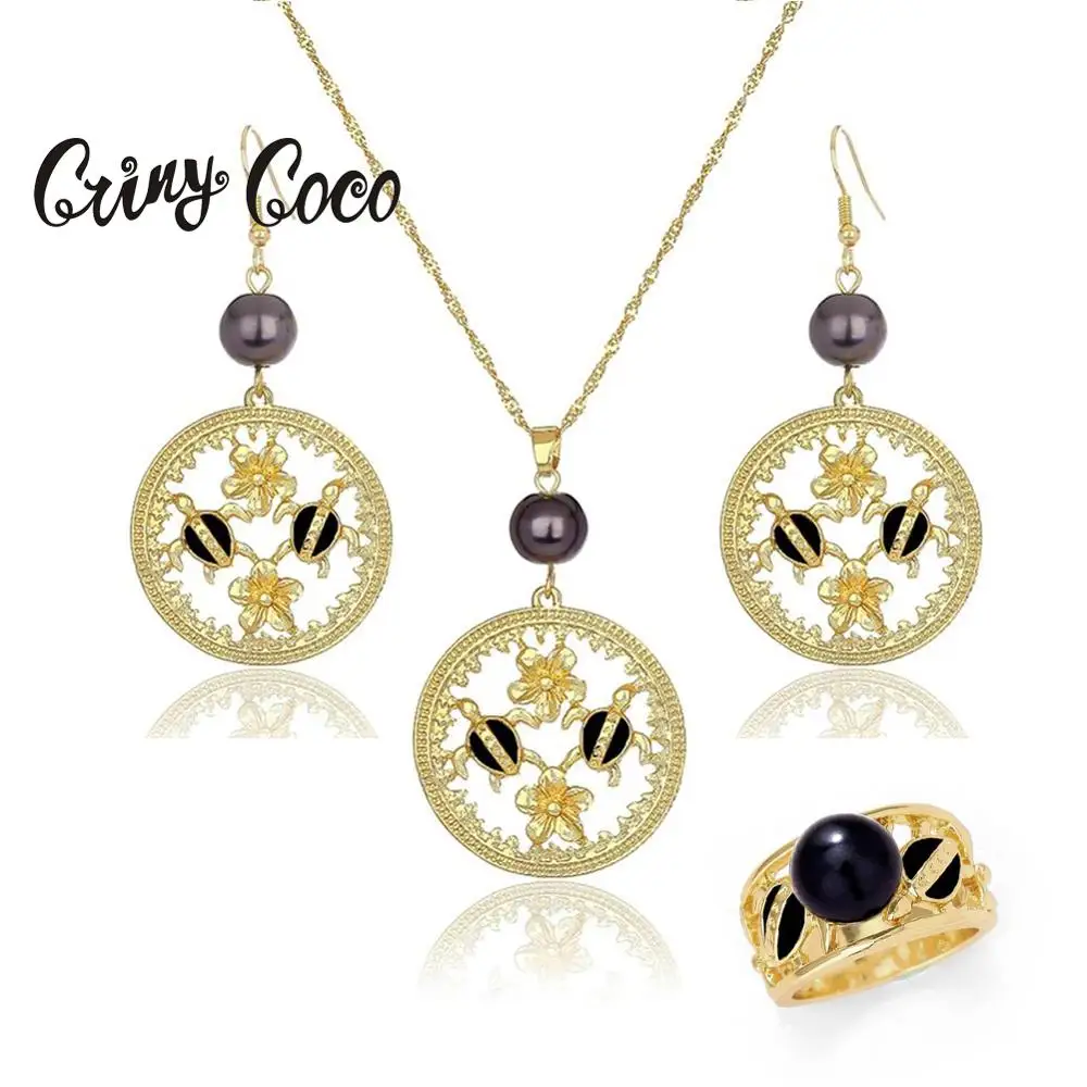 

Hawaiian Gold Tortoise Necklace Sets Earrings Frangipani Jewelry Sets for Women Jewellery Set Polynesian Ring Pearl Fashion New