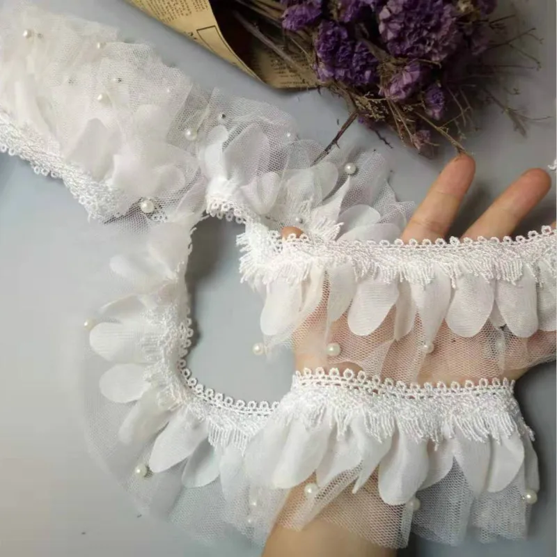 2 ярдов 70 мм Жемчуг 2-слойная плиссированная кружевная лента собранная сетка