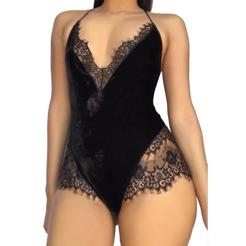 Women Elegant Lace Ladies Clubwear Deep-V Neck Playsuit Elastic Slim Sleeveless Backless Jumpsuit Sexy Bodysuit Romper Sleepwear | Женская