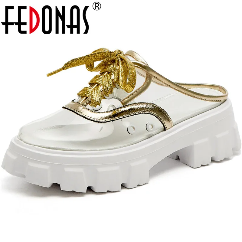 

FEDONAS Lace Up Genuine Leather Women Mules Summer Slingbacks Platforms High Heels Sandals Fashion Slippers Basic Shoes Woman