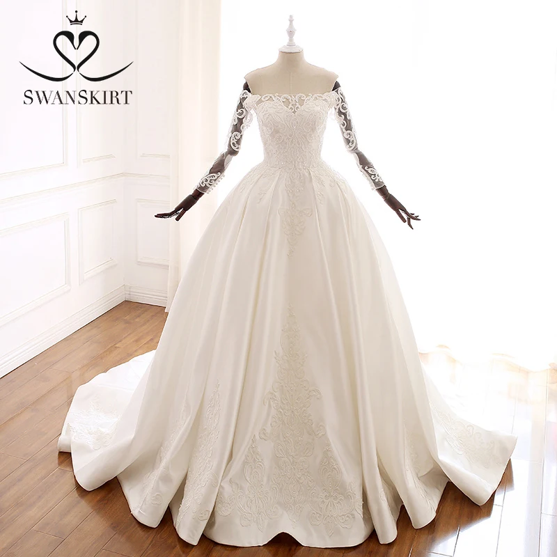 

Атласное Бальное Платье с длинным рукавом, свадебное платье с вырезом лодочкой и аппликацией из бисера, для принцессы, невесты, осень