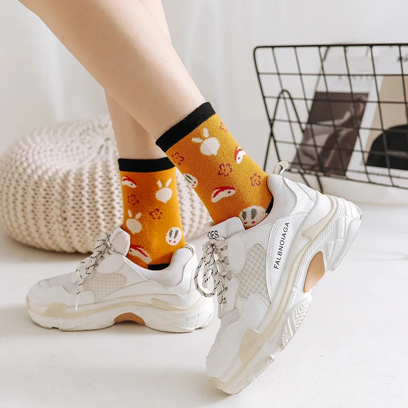 Two Finger Socks Middle Tube Japanese Cute Cartoon Female Toe Socks Flip Flop Sandal Split Two Toe Sock Tabi Ninja Geta Socks