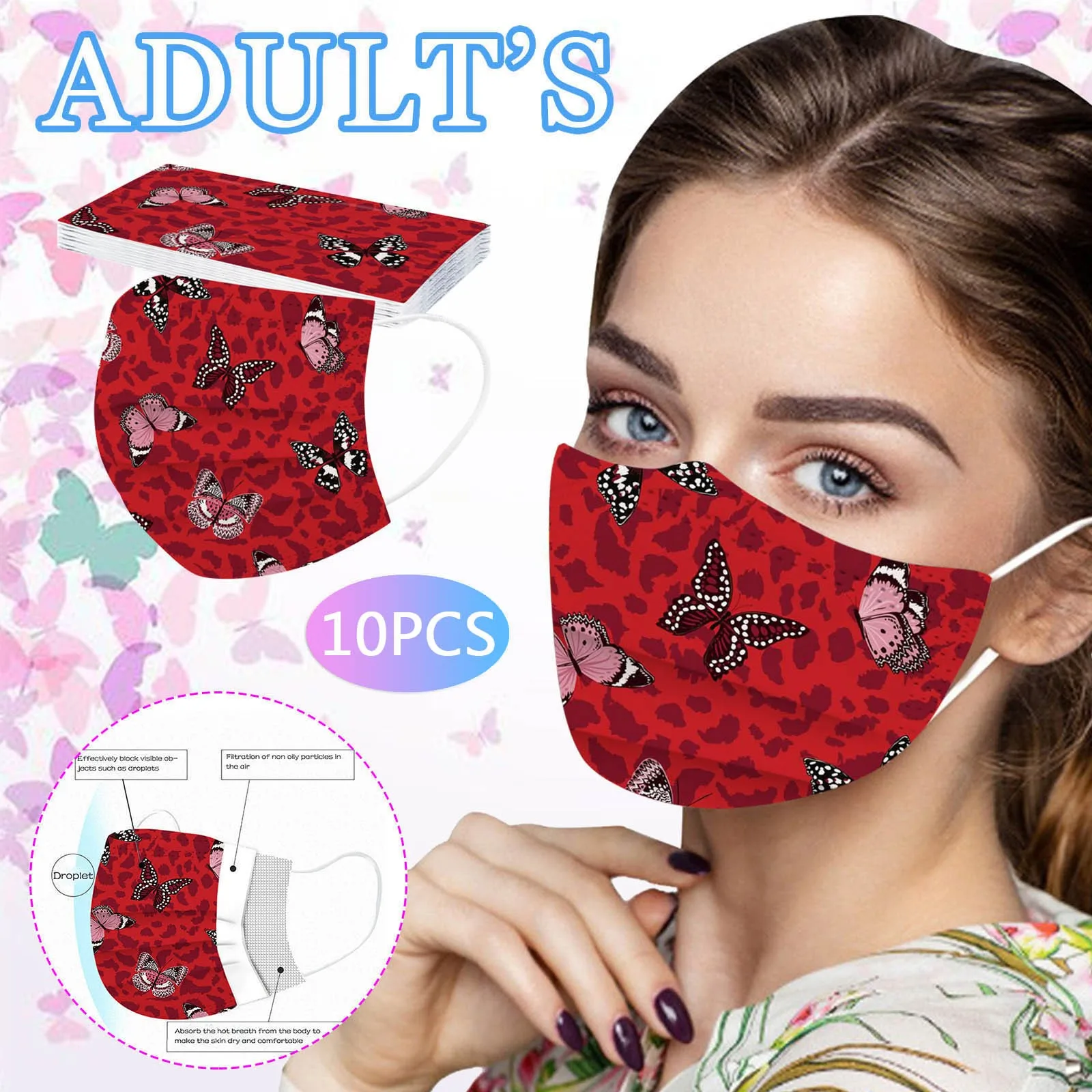 

10PC Adult Leopard Butterfly Printing Three-Layer Disposable Protective Mask And Dustproof Windproof Breathable Face Mask Shield