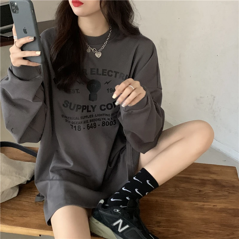 

Hoodies Women Long-sweatshirts Printed O-neck Boyfriend Side-slit Ulzzang Stylish Soft Daily All-match Students Females Spring