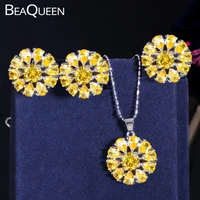 beaqueen 3 pcs women yellow cubic zircon sunflower drop pendant necklace earring ring cz crystal party jewelry sets js007
