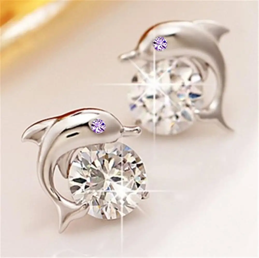 

Cute Romantic Dolphin Love Stud Earrings For Women High Quality 925 Jewelry Stering Silver Round Cut AAA Zircon Brinco Bijoux