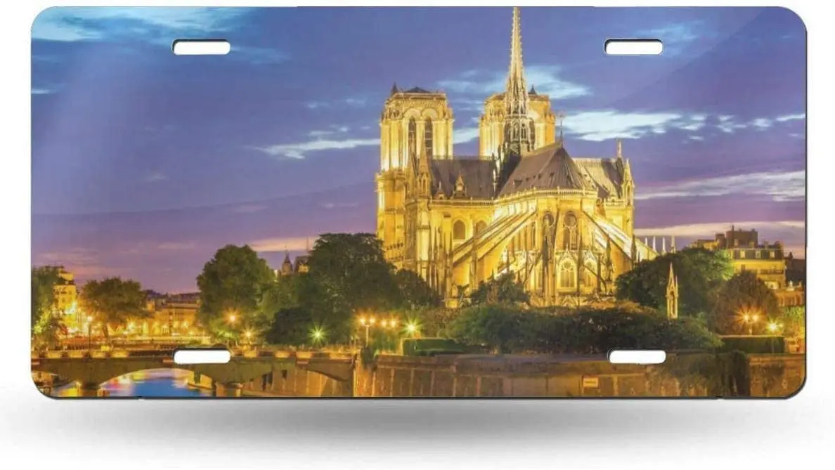

yunsu Notre Dame Cathedral at Dusk in Paris License Plate,car Decor Personalise Tag,Novelty Car Front License Plate Metal