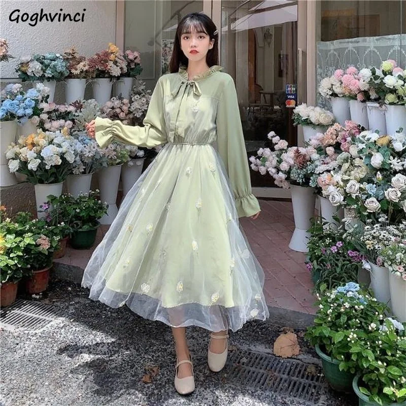 Dress Women Lovely Fresh Bow Knot Mesh Floral Embroidery High Waist Flare Sleeve Womens Elegant Chic Sweet Girls Maxi Dresses