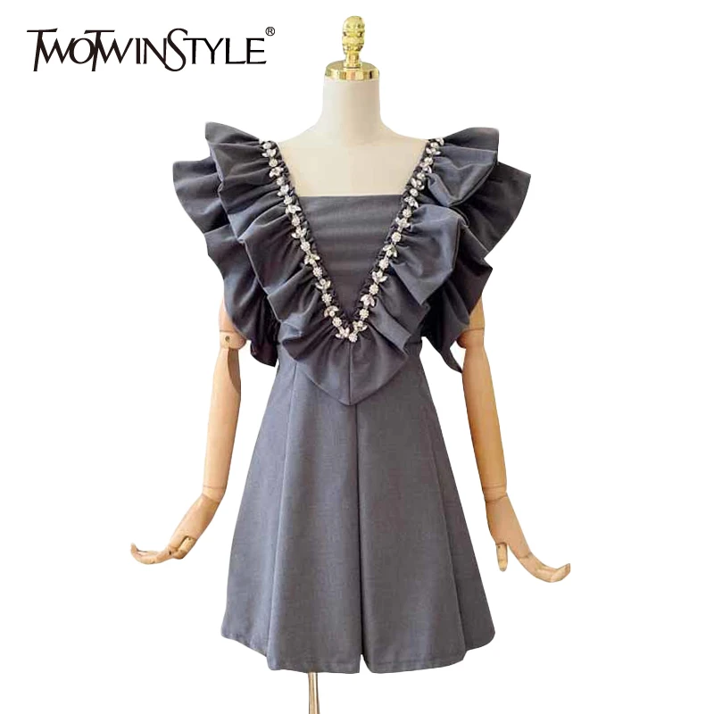 

TWOTWINSTYLE Vintage Gray Patchwork Ruffle Dress For Women Square Collar Sleeveless High Waist Mini Dresses Female 2021 Clothing